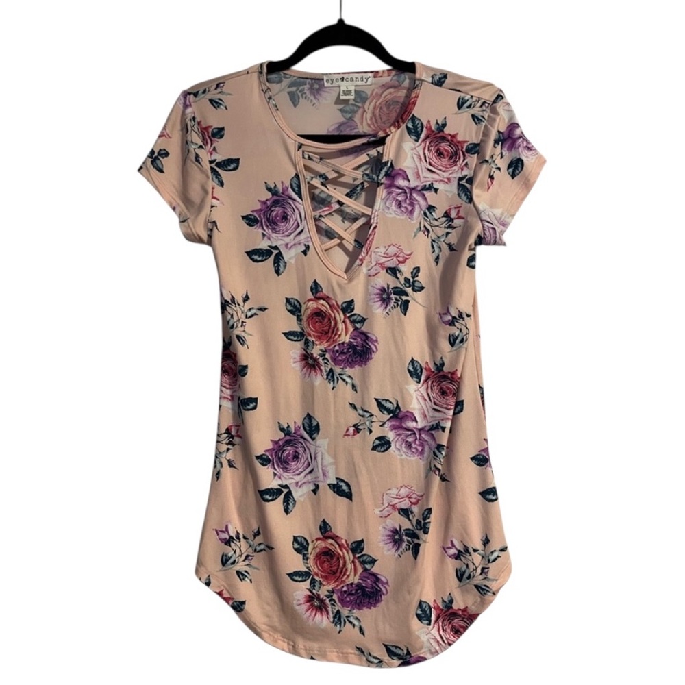 Eye Candy Pink Floral Criss Cross Neck Short Sleeve Casual Shabby Chic Shirt